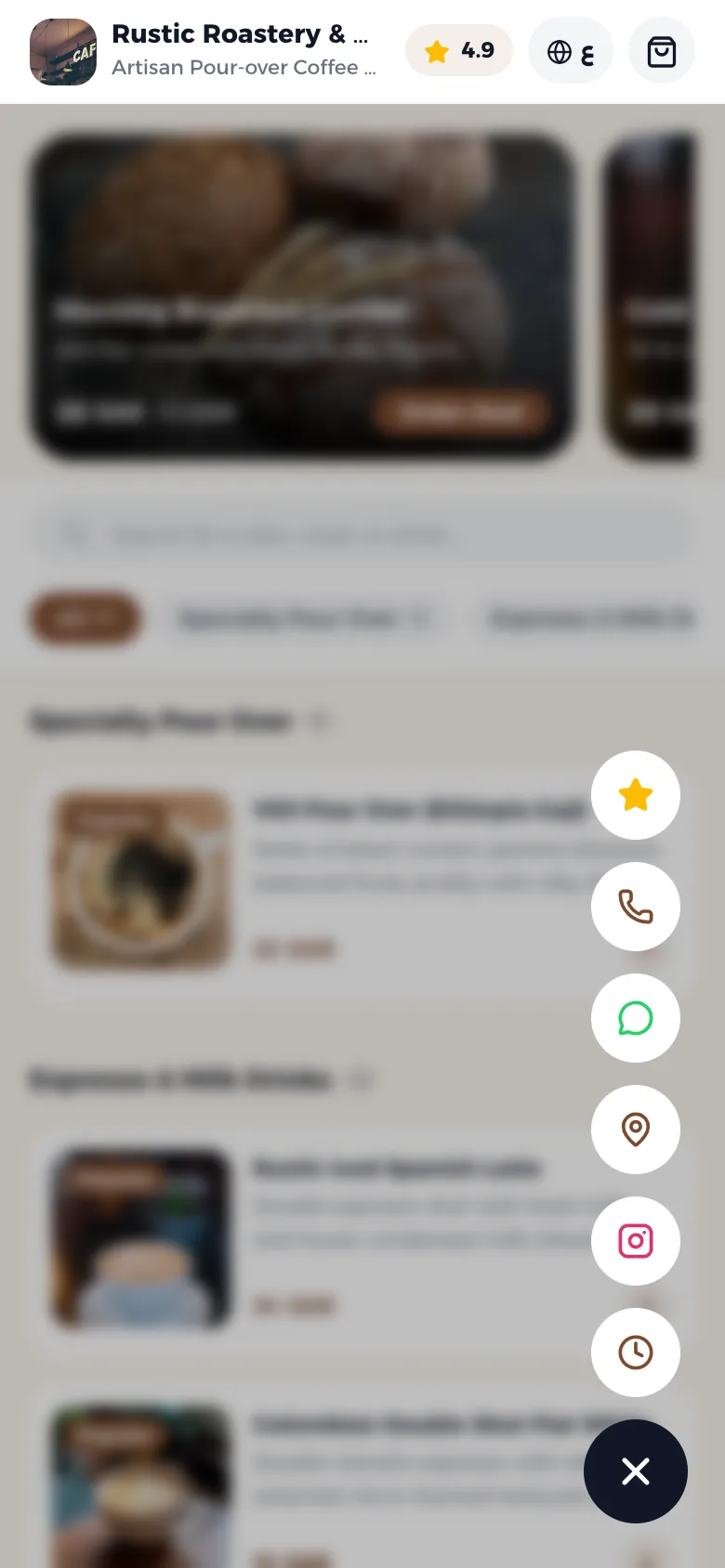 Contact buttons: call, WhatsApp, location and Instagram