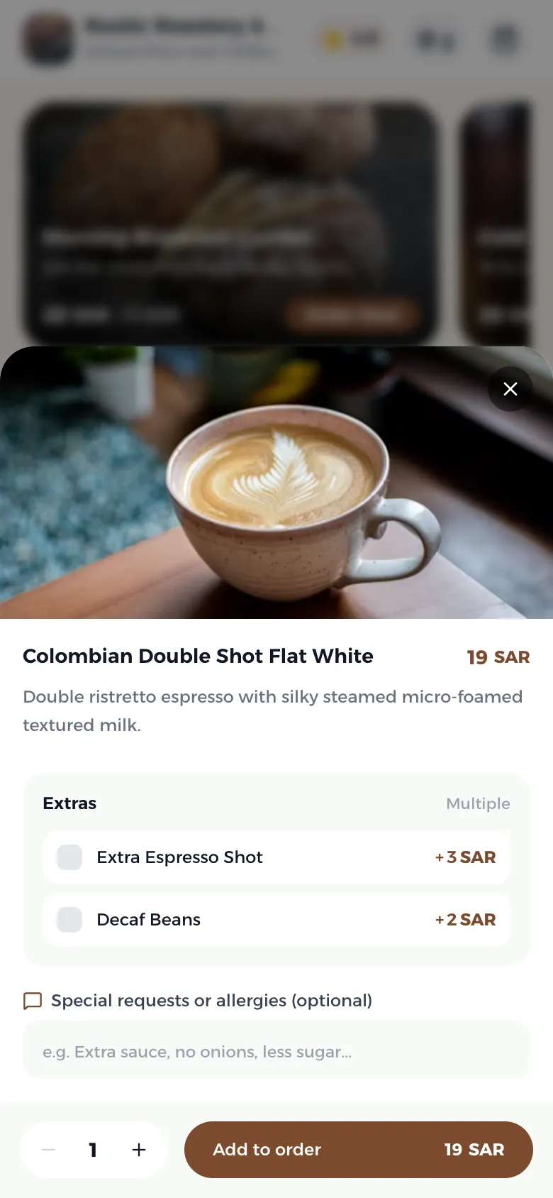 A drink’s details with extra options