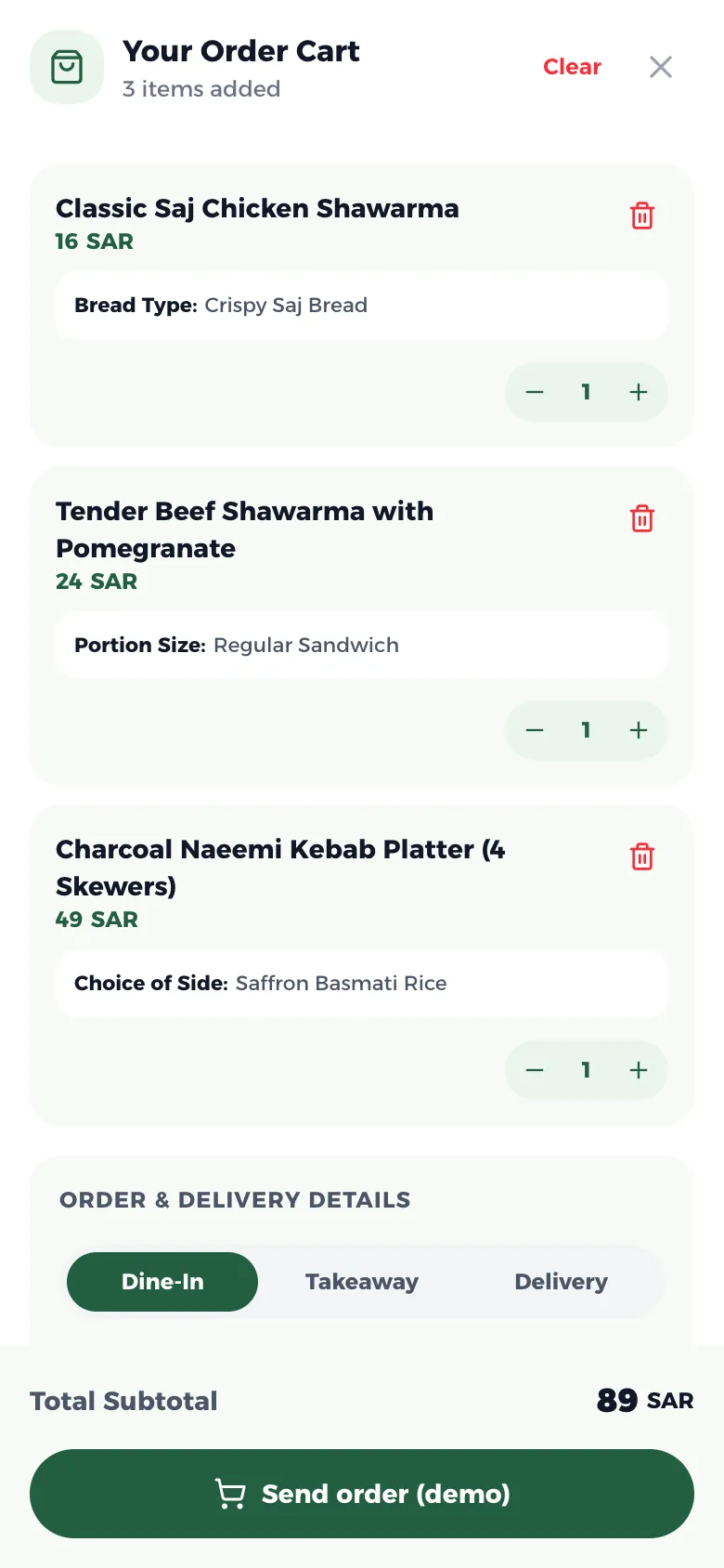 The cart with a choice of order type