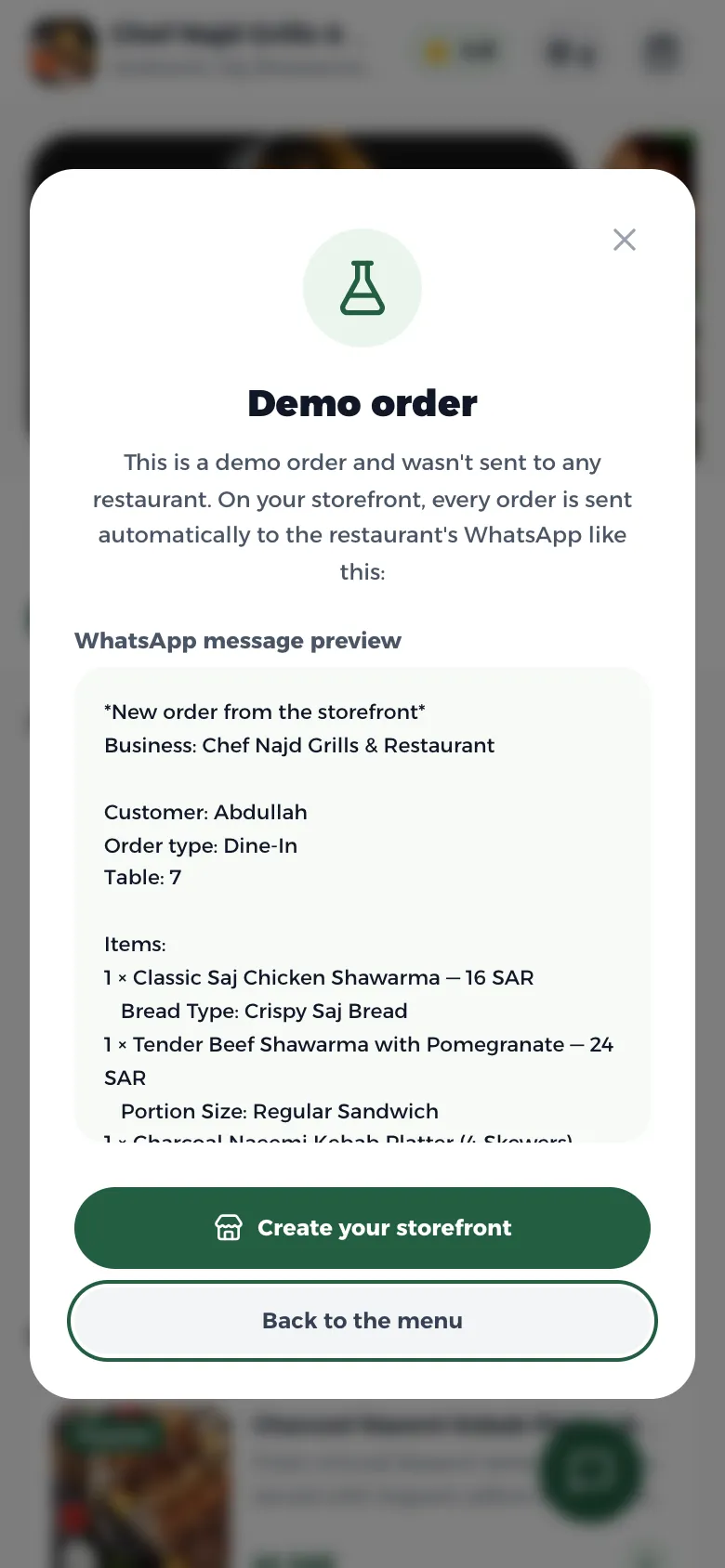 Order confirmation with a preview of the WhatsApp message