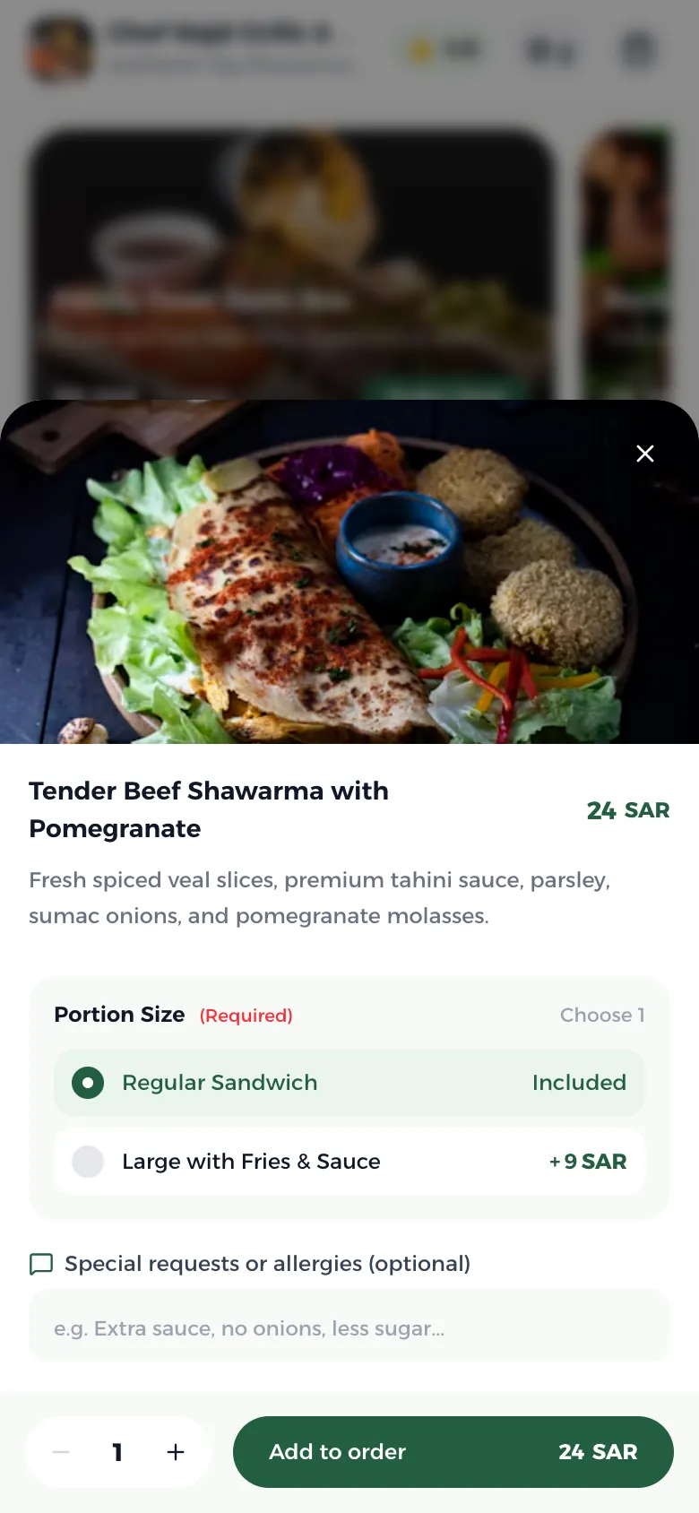 A dish’s details with a choice of size and extras