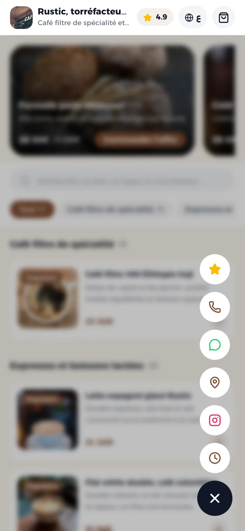 Les boutons de contact : appel, WhatsApp, localisation et Instagram