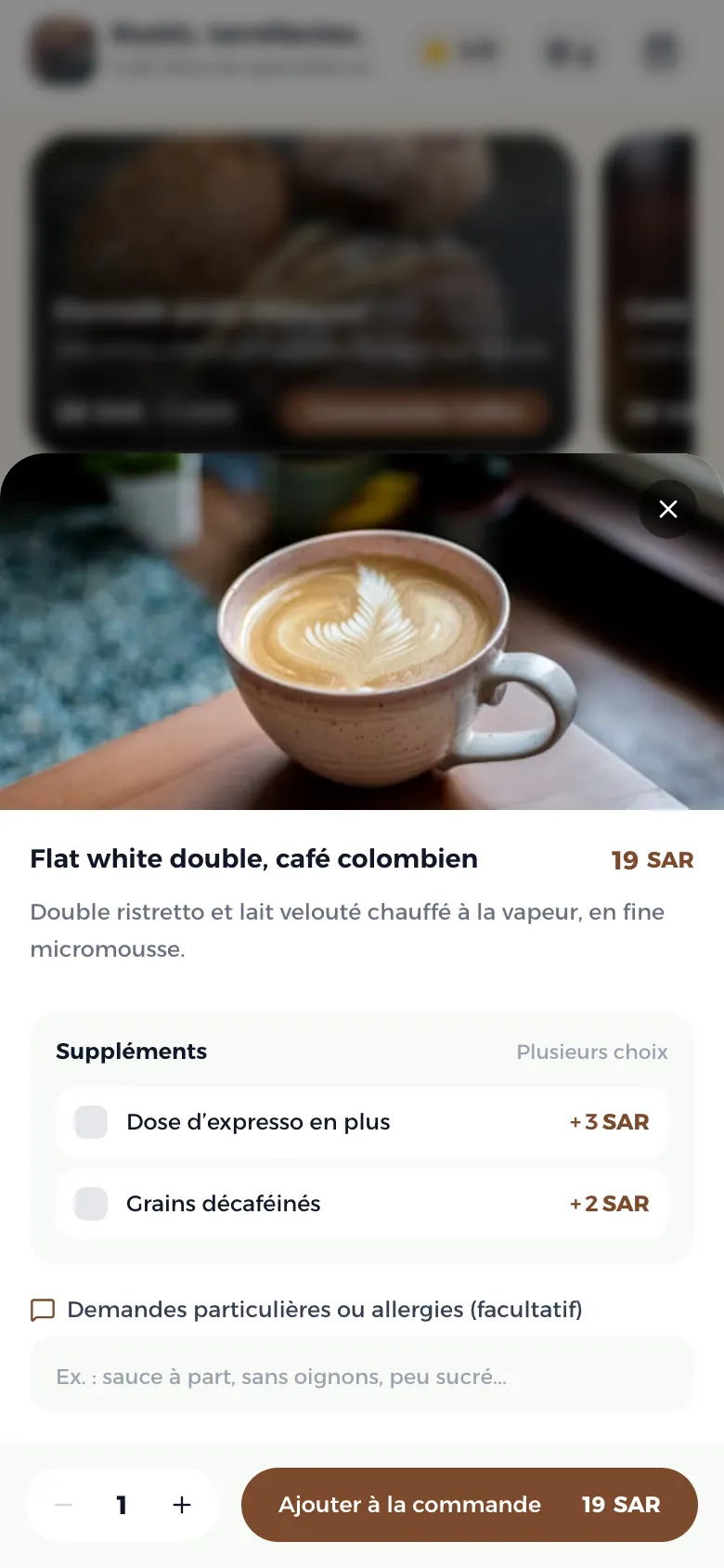 Le détail d’une boisson avec des options supplémentaires