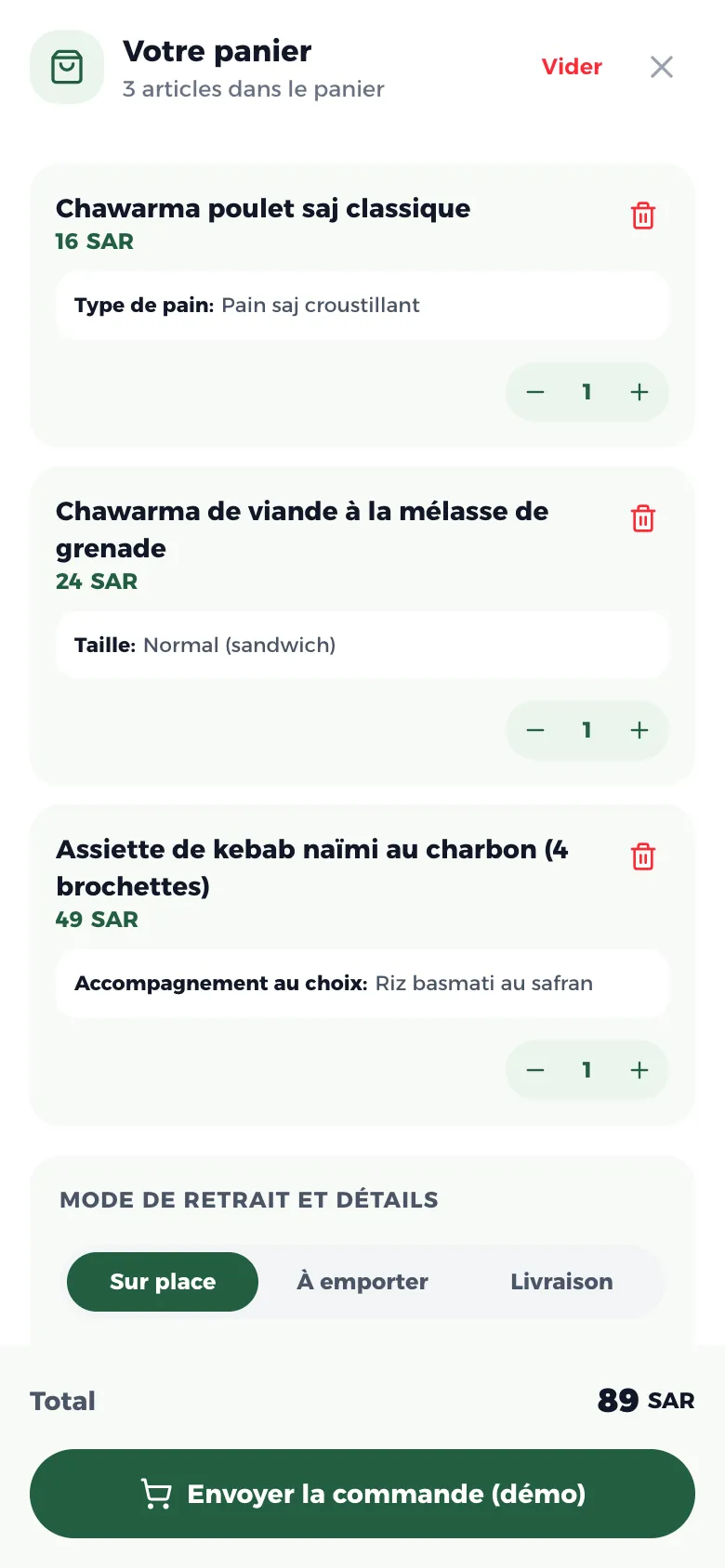 Le panier avec le choix du type de commande