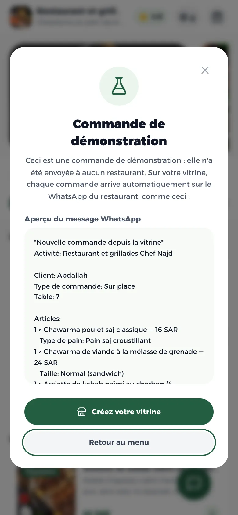 La confirmation de commande avec l’aperçu du message WhatsApp